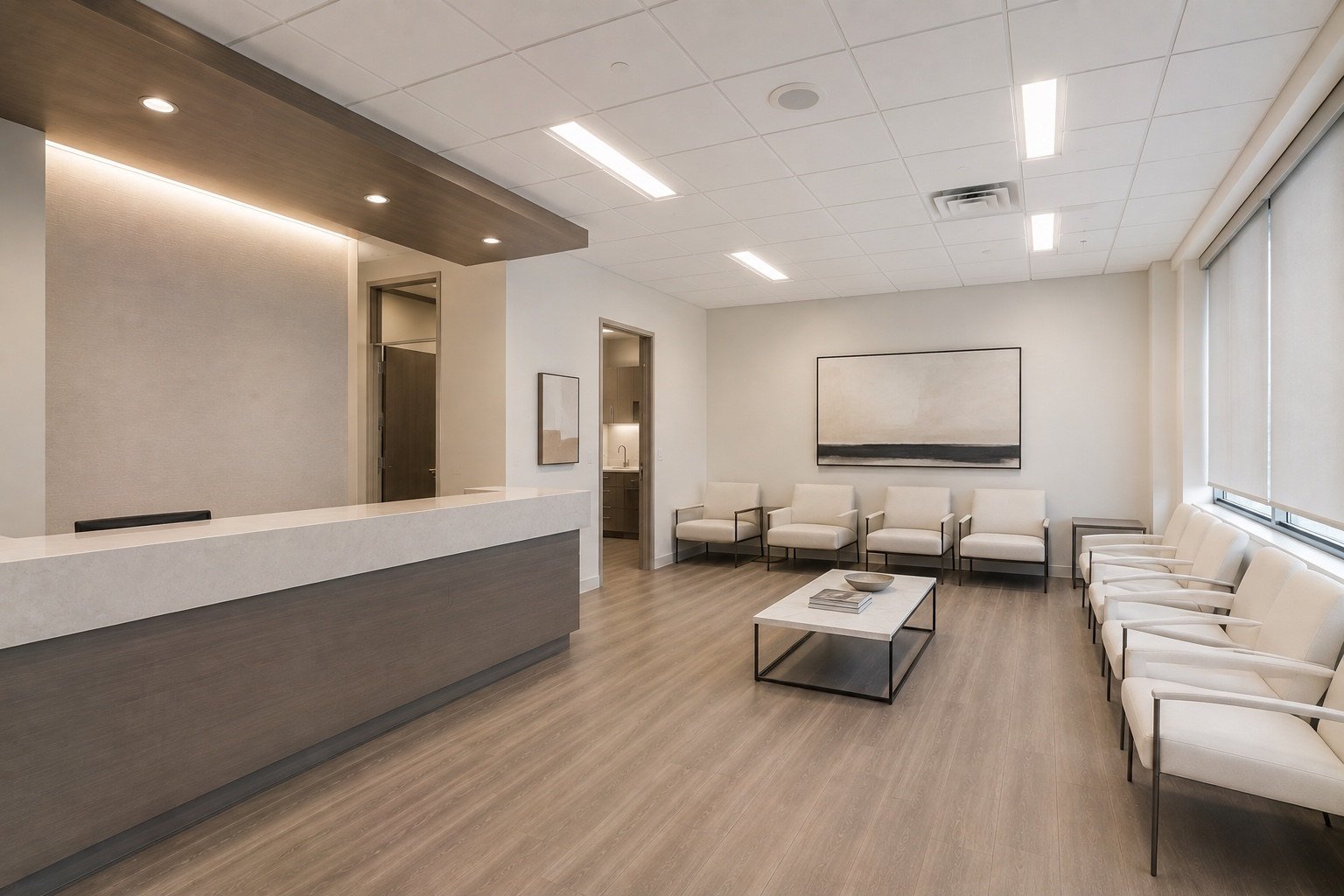 Bright dental or med spa reception and waiting area