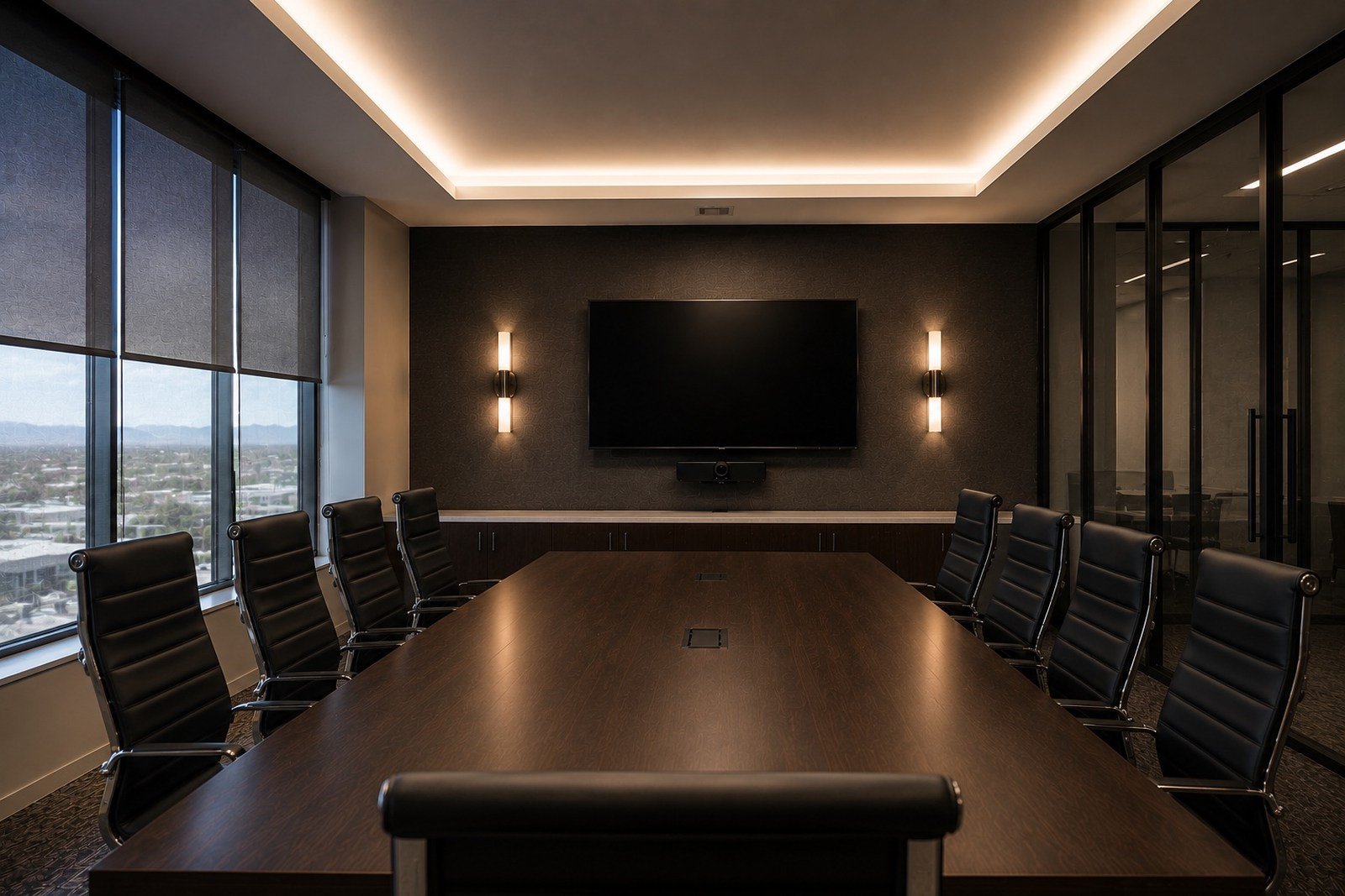 Clean executive conference room prepared for office janitorial service